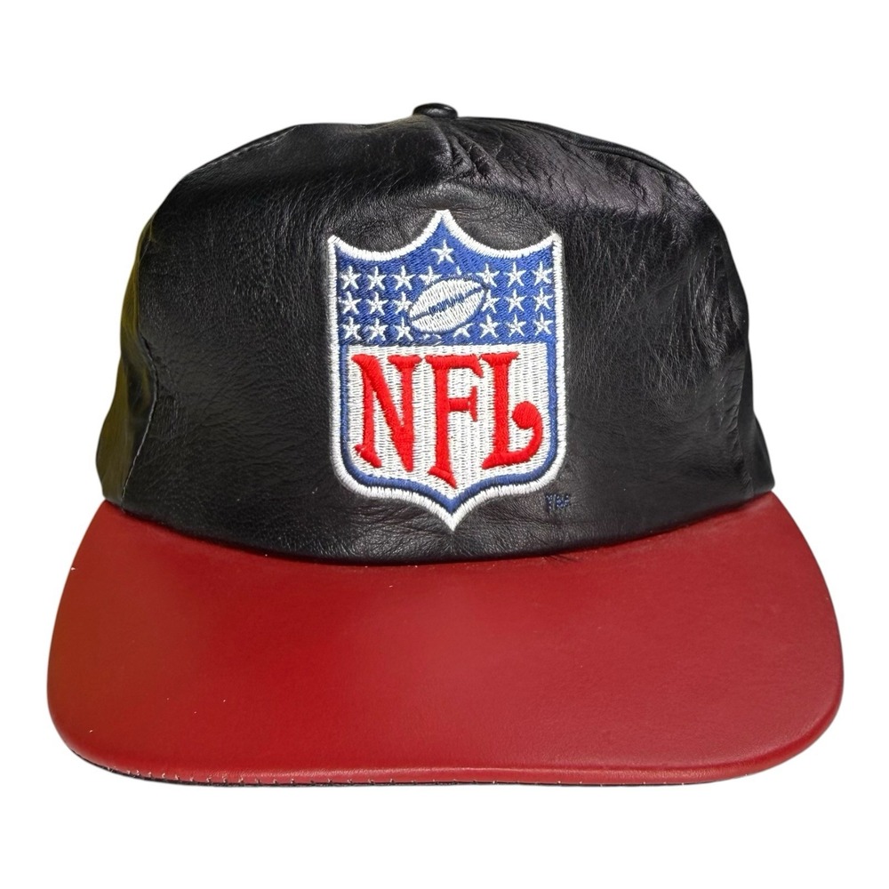Vintage 90s NFL Shield JH Design Leather Strapback Hat Black Red Made USA